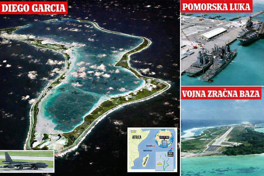 Slika ostrva Diego Garcia sa prikazom pomorske luke, vojne zračne baze, mape lokacije i aviona