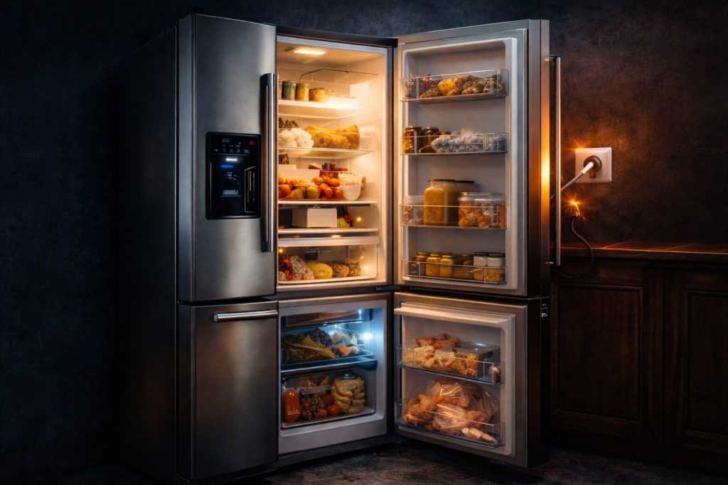 Frižider i zamrzivač u kuhinji s otvorenim vratima i uključenim hlađenjem