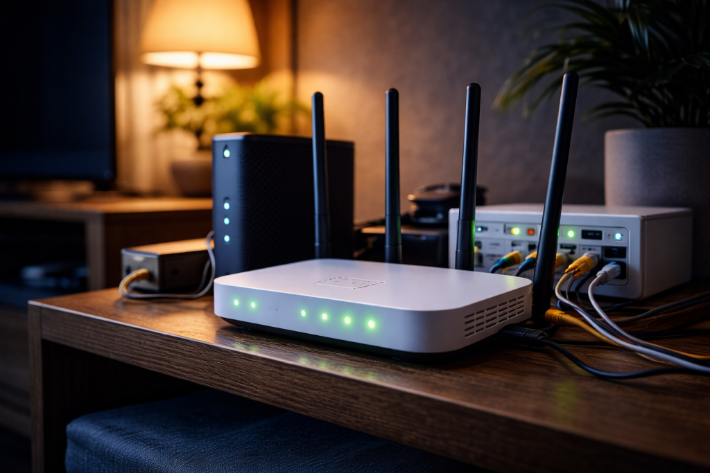 Internet ruter i mrežna oprema priključeni na struju u dnevnoj sobi