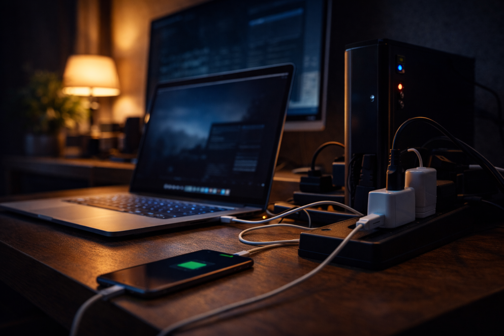 Laptop, desktop računar i punjači priključeni na struju u kućnoj kancelariji