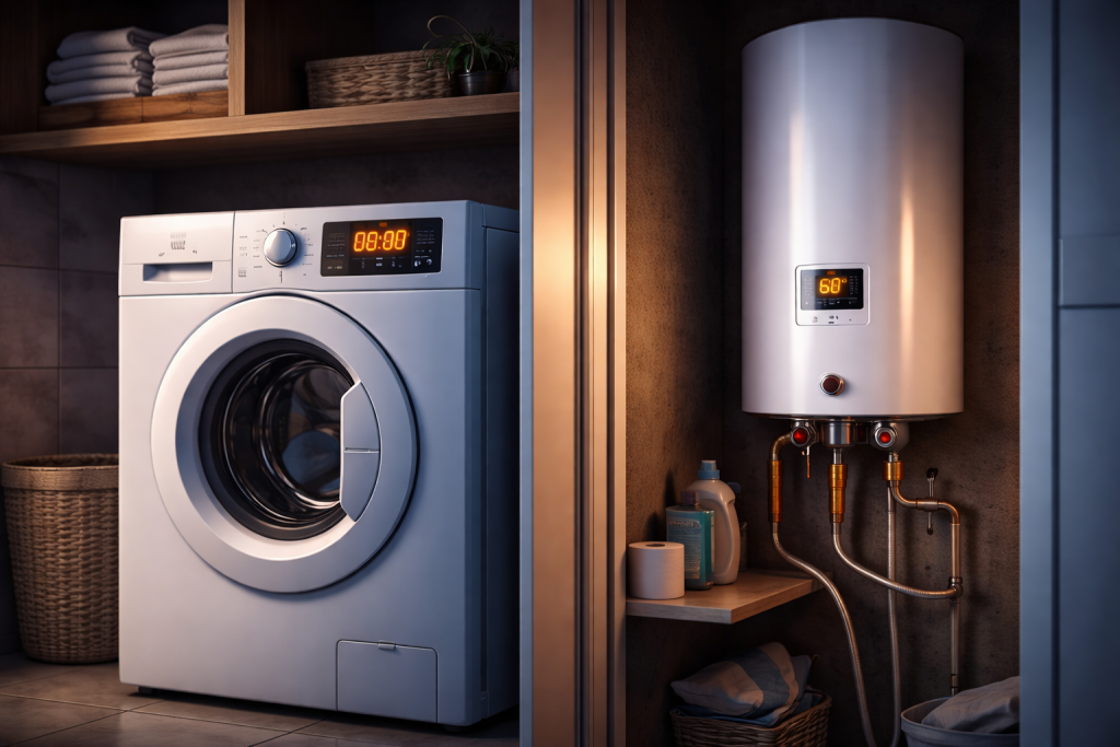 Mašina za veš u pripravnosti i električni bojler uključen u kupatilu