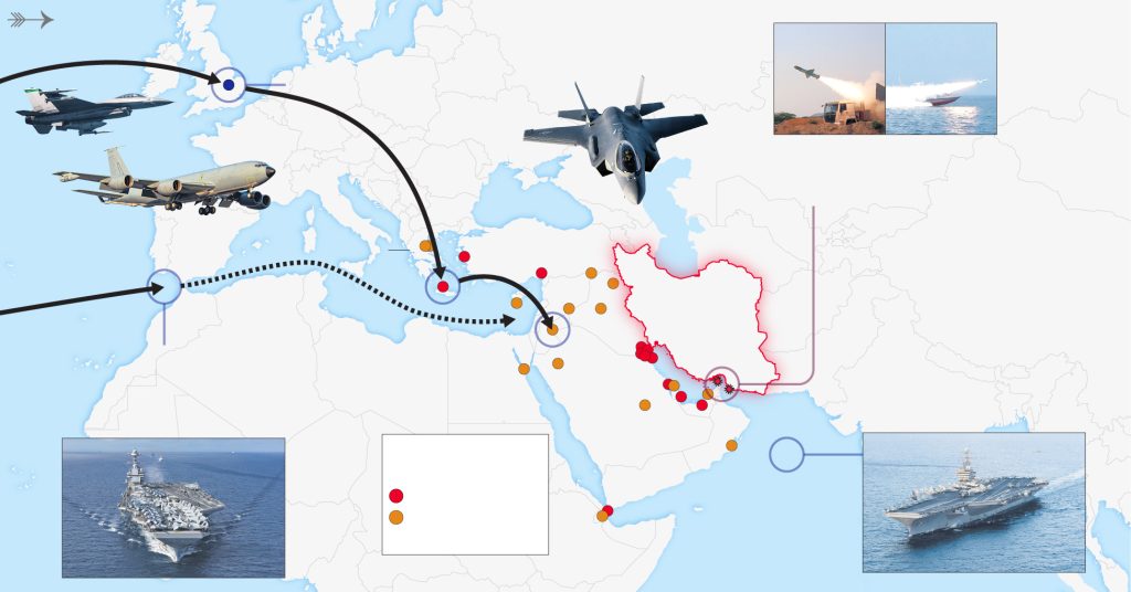 Mapa Bliskog istoka sa označenim rasporedom američkih aviona i nosača brodova
