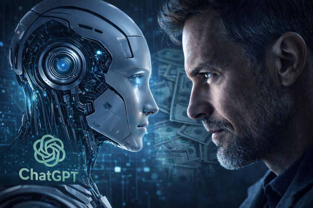 Vještačka inteligencija i čovjek gledaju se oči u oči uz simbol novca u pozadini