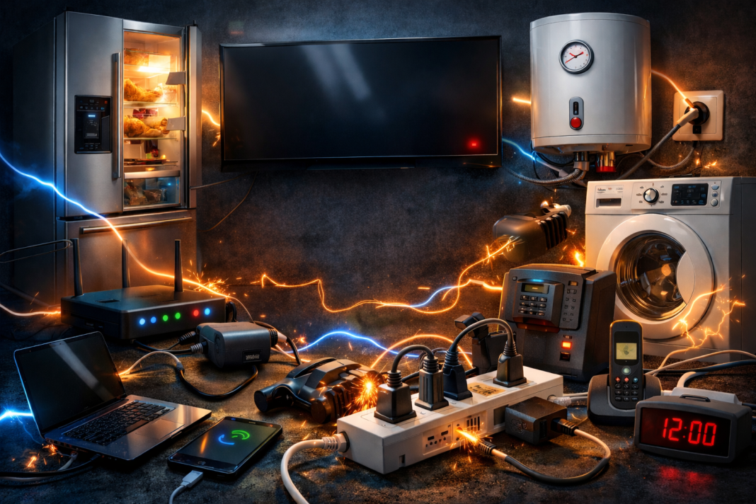 Razni kućni električni uređaji priključeni na struju i u stanju pripravnosti