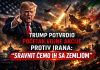 Trump objavio početak udara na Iran: “Uništit ćemo njihove raketne kapacitete” Donald Trump ispred ratne pozadine sa projektilima, avionima i simbolikom Irana u plamenu