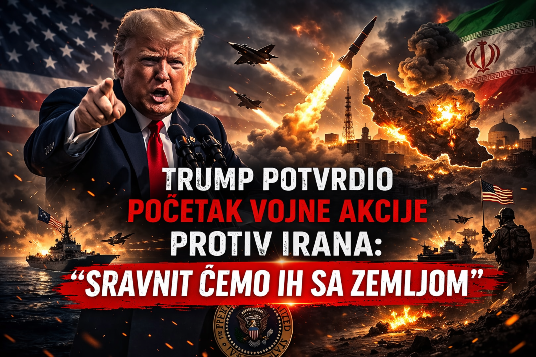 Trump objavio početak udara na Iran: “Uništit ćemo njihove raketne kapacitete” Donald Trump ispred ratne pozadine sa projektilima, avionima i simbolikom Irana u plamenu