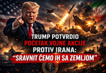 Trump objavio početak udara na Iran: “Uništit ćemo njihove raketne kapacitete” Donald Trump ispred ratne pozadine sa projektilima, avionima i simbolikom Irana u plamenu