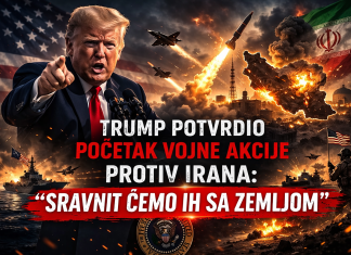 Trump objavio početak udara na Iran: “Uništit ćemo njihove raketne kapacitete” Donald Trump ispred ratne pozadine sa projektilima, avionima i simbolikom Irana u plamenu