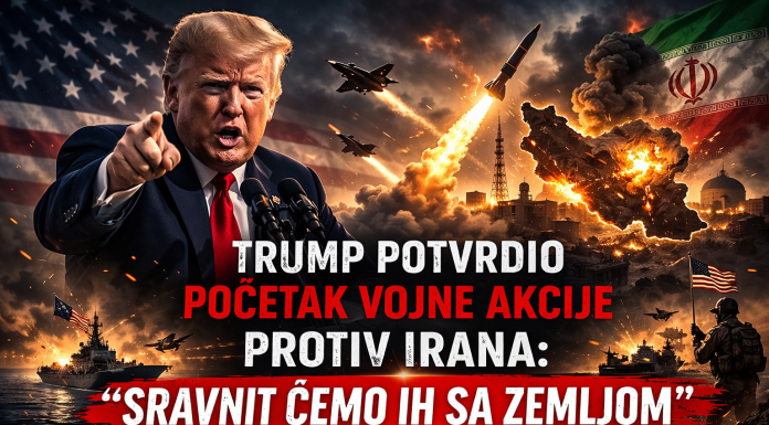 Trump objavio početak udara na Iran: “Uništit ćemo njihove raketne kapacitete” Donald Trump ispred ratne pozadine sa projektilima, avionima i simbolikom Irana u plamenu