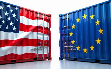 EU spremna na odgovor: Brisel razmatra “trgovinsku bazuku” protiv SAD-a Teretni kontejneri u luci sa zastavama Evropske unije i Sjedinjenih Američkih Država