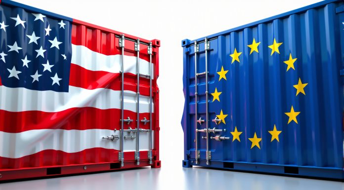 EU spremna na odgovor: Brisel razmatra “trgovinsku bazuku” protiv SAD-a Teretni kontejneri u luci sa zastavama Evropske unije i Sjedinjenih Američkih Država